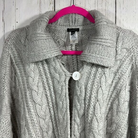 Talbots Gray Cable Knit Wool Blend Poncho Cape Minimalist Classic Preppy Cozy - Picture 2 of 15